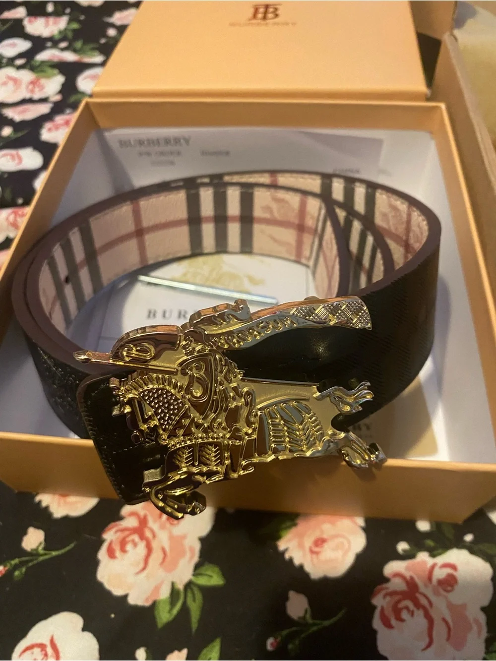 Burberry Black Leather Belt with Gold Equestrian Knight Buckle